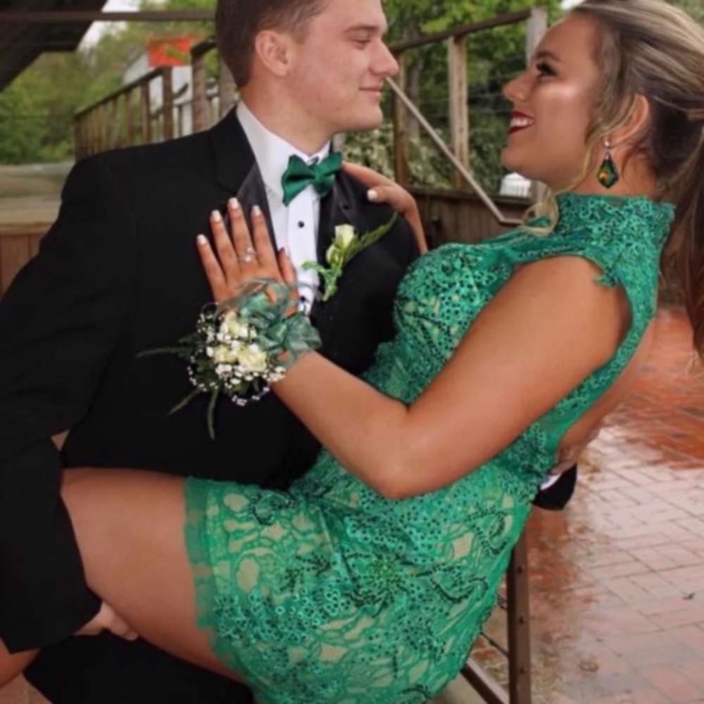 Lace Green Mac Duggal Prom Dress